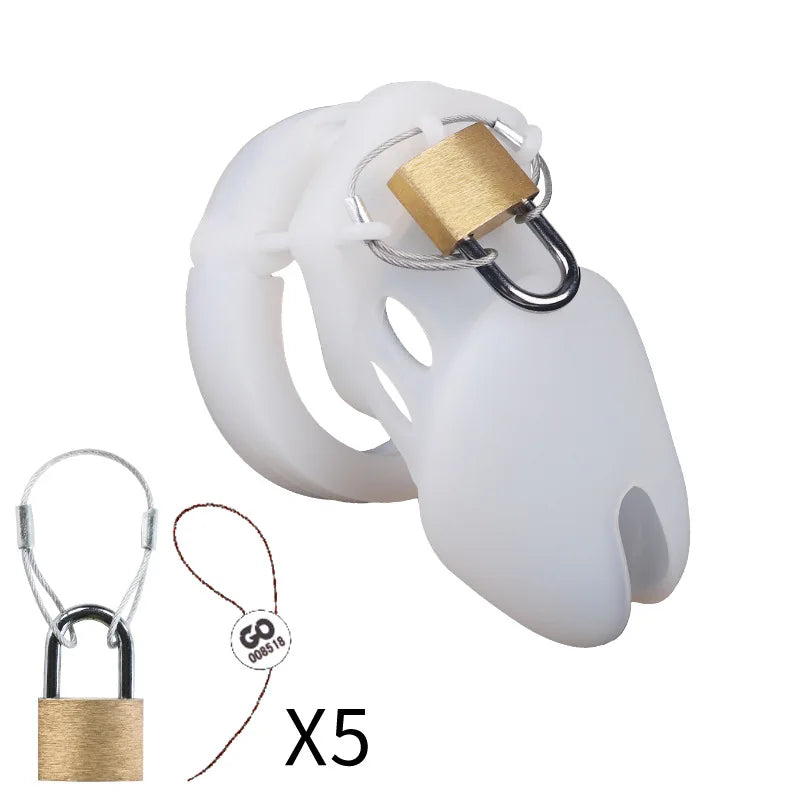 Silicone Chastity Cage Male Cock Lock with 5 Penis Rings