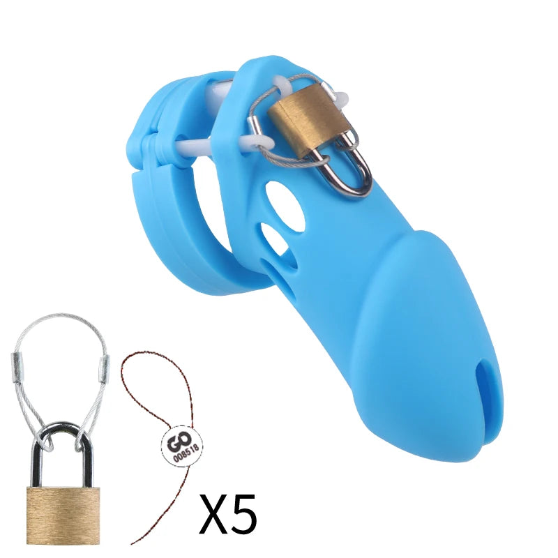 Silicone Chastity Cage Male Cock Lock with 5 Penis Rings