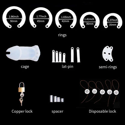Silicone Chastity Cage Male Cock Lock with 5 Penis Rings - Puppy's Aesthetics