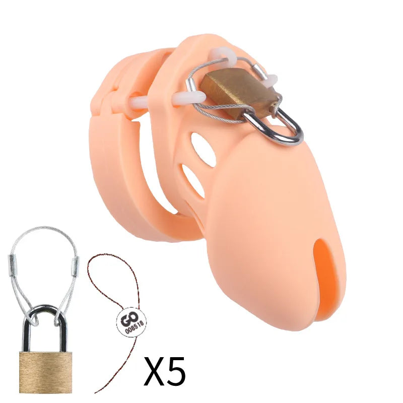 Silicone Chastity Cage Male Cock Lock with 5 Penis Rings