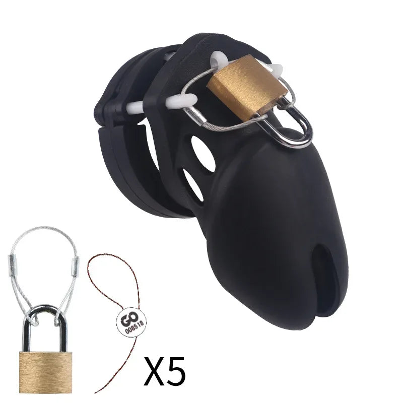 Silicone Chastity Cage Male Cock Lock with 5 Penis Rings - Puppy's Aesthetics