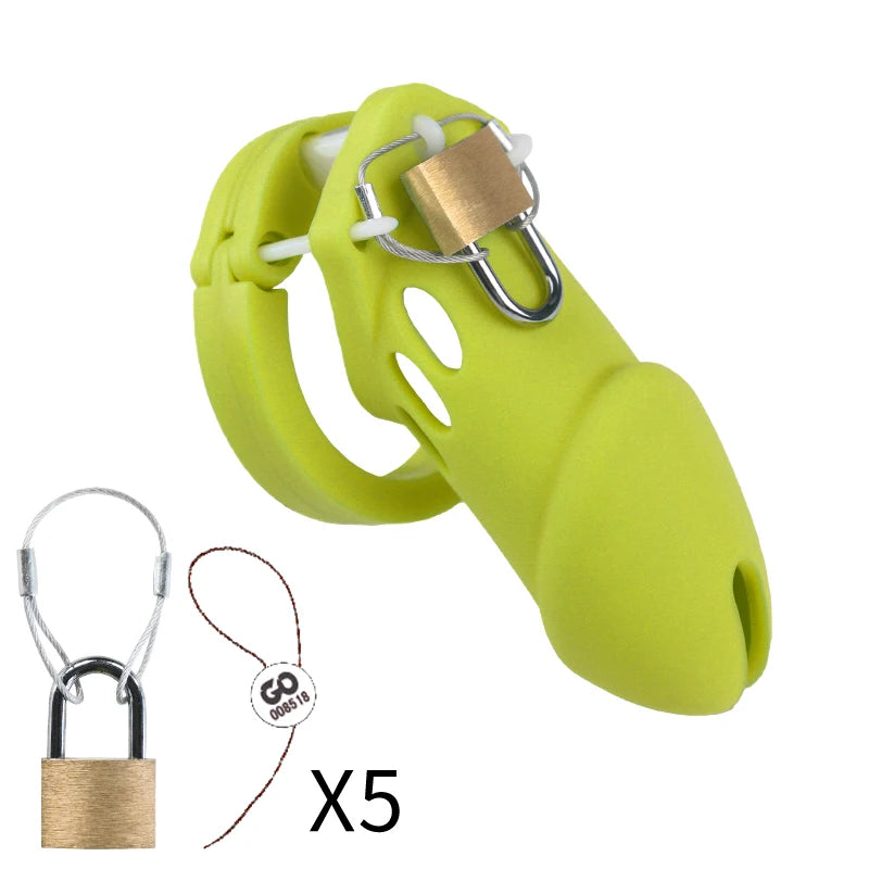 Silicone Chastity Cage Male Cock Lock with 5 Penis Rings