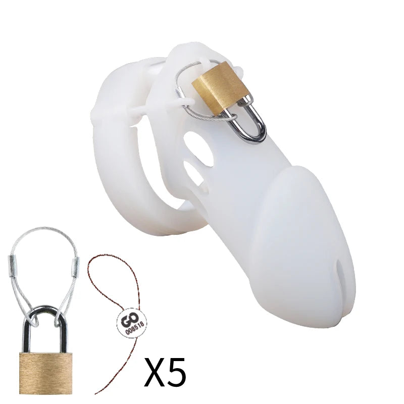 Silicone Chastity Cage Male Cock Lock with 5 Penis Rings