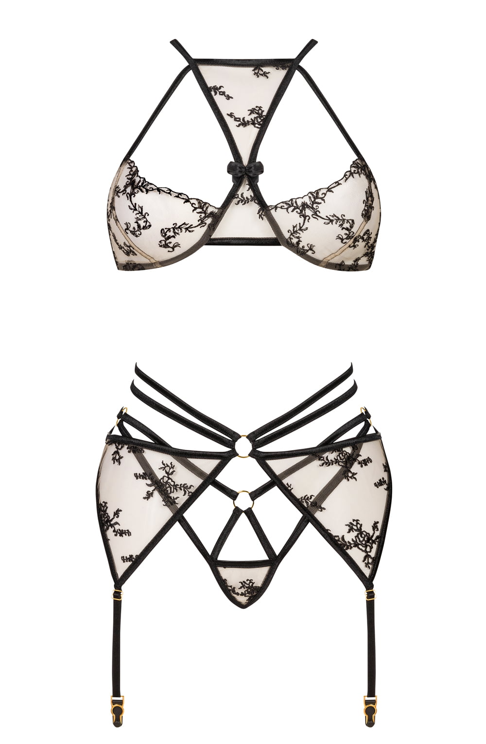Aisha Lace Bra, Thong & Suspender Set (Black)
