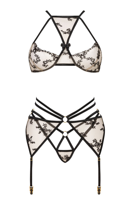 Aisha Lace Bra, Thong & Suspender Set (Black)