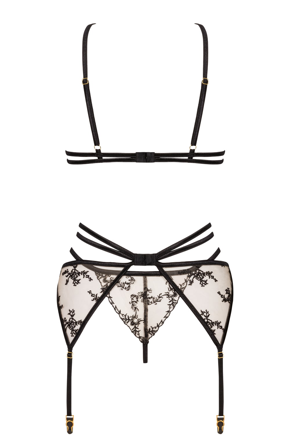 Aisha Lace Bra, Thong & Suspender Set (Black)