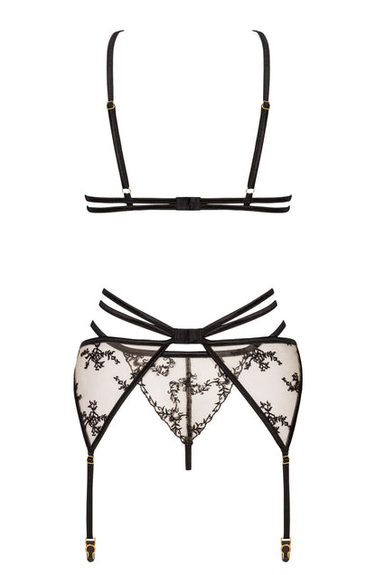 Aisha Lace Bra, Thong & Suspender Set (Black)