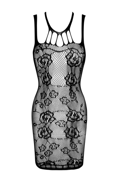 Lacey Fishnet Dress with Lace Detail (Black)
