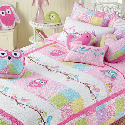 Pink Owl Patchwork Embroidered Heart Throw Pillow