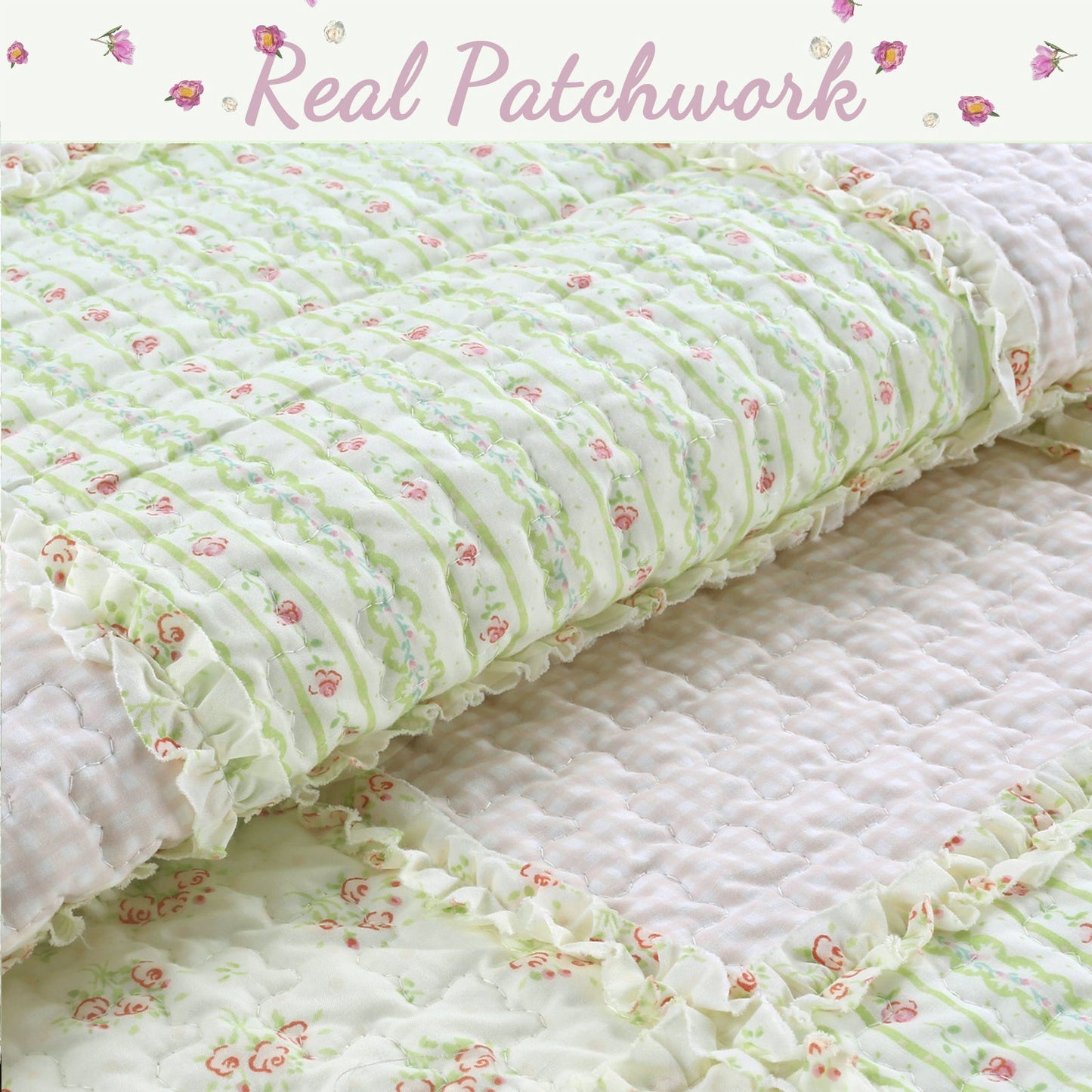 Sweet Peach Pink Floral Cotton Quilt Bedding Set