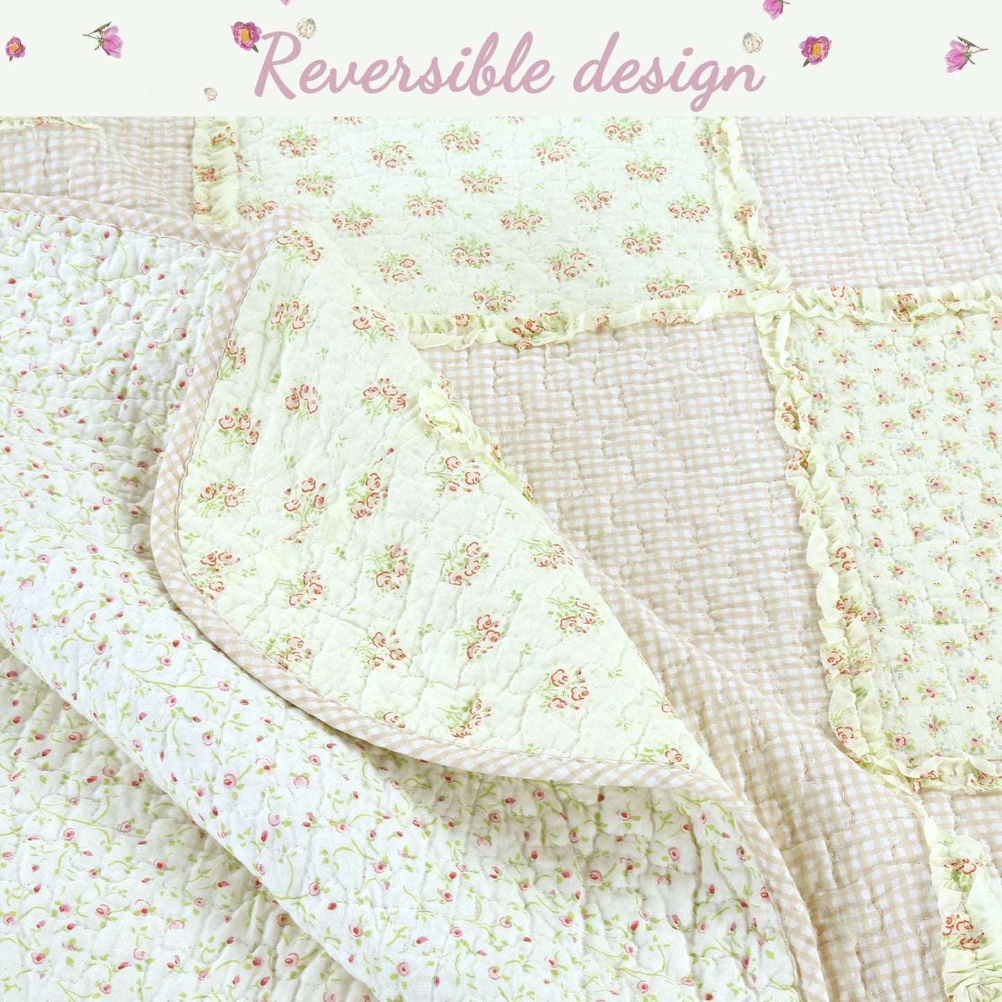 Sweet Peach Pink Floral Cotton Quilt Bedding Set