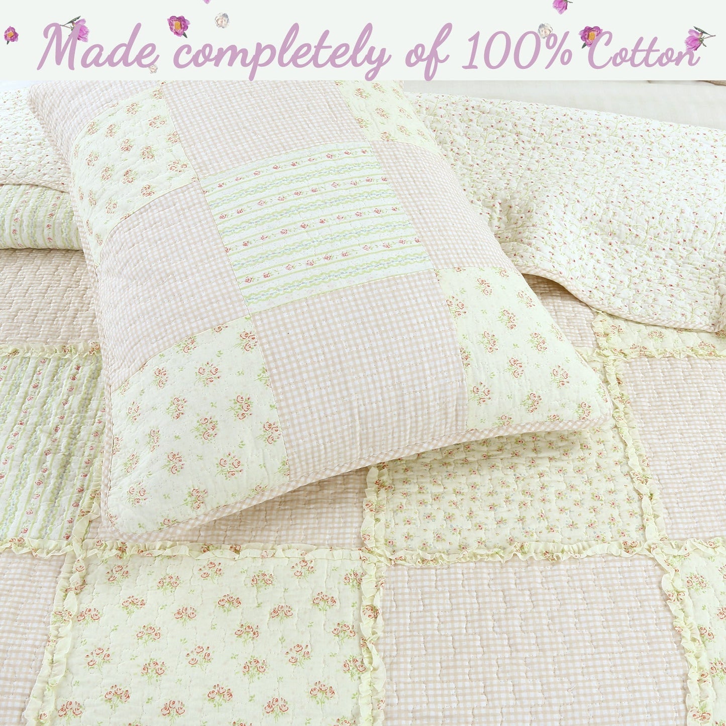 Sweet Peach Pink Floral Cotton Quilt Bedding Set