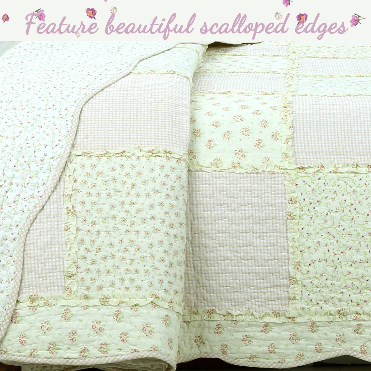 Sweet Peach Pink Floral Cotton Quilt Bedding Set