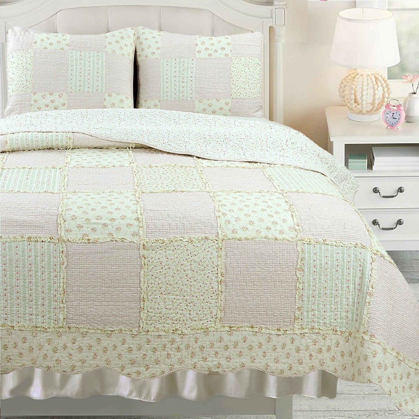 Sweet Peach Pink Floral Cotton Quilt Bedding Set