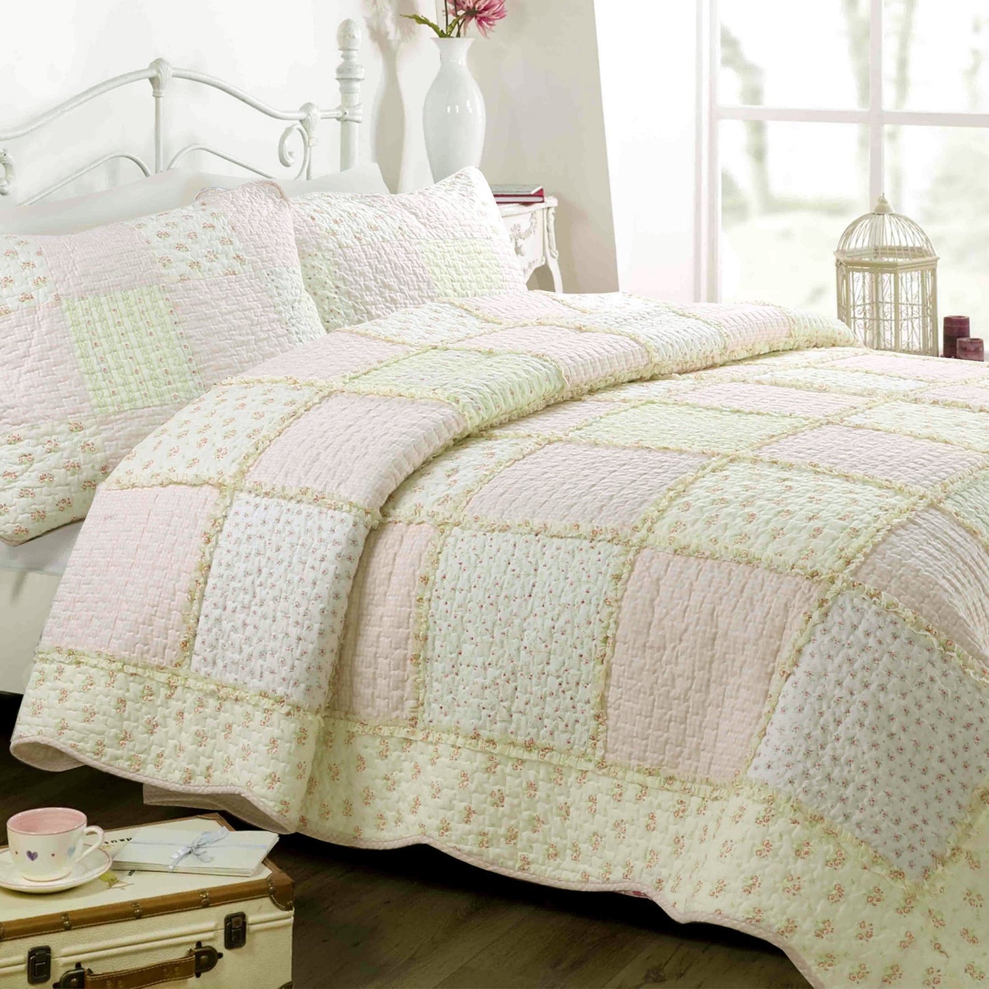 Sweet Peach Pink Floral Cotton Quilt Bedding Set