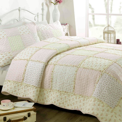 Sweet Peach Pink Floral Cotton Quilt Bedding Set