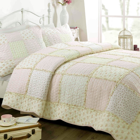 Sweet Peach Pink Floral Cotton Quilt Bedding Set