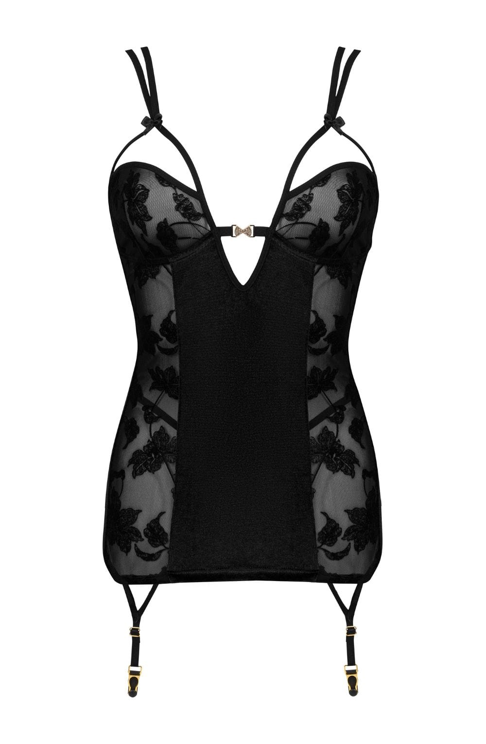 Xiomara Lace Chemise with Garter Straps and Velvet String Panties Set
