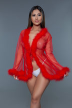 Bou Short Chiffon Robe with Faux Fur Trim