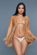 Bou Short Chiffon Robe with Faux Fur Trim