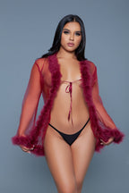 Bou Short Chiffon Robe with Faux Fur Trim