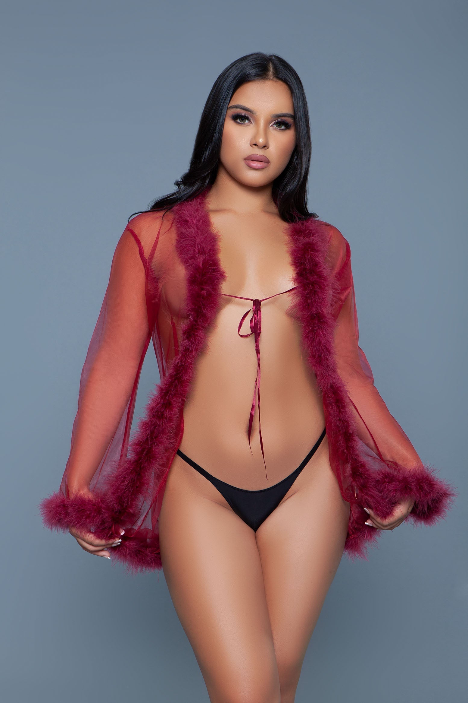 Bou Short Chiffon Robe with Faux Fur Trim