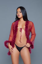 Bou Short Chiffon Robe with Faux Fur Trim