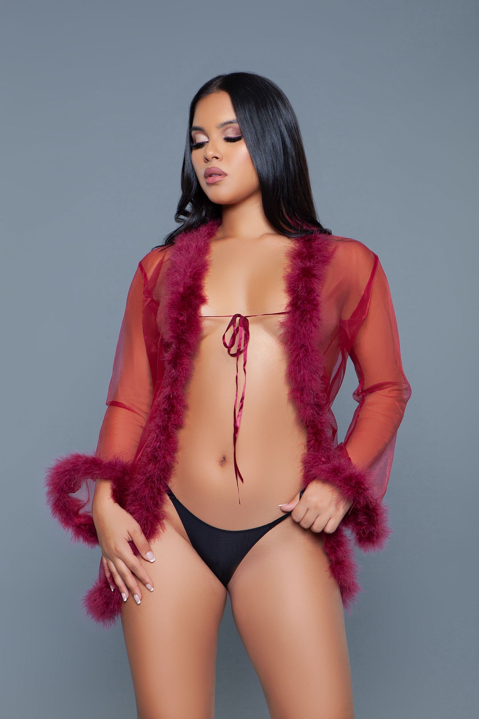 Bou Short Chiffon Robe with Faux Fur Trim