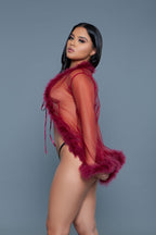 Bou Short Chiffon Robe with Faux Fur Trim