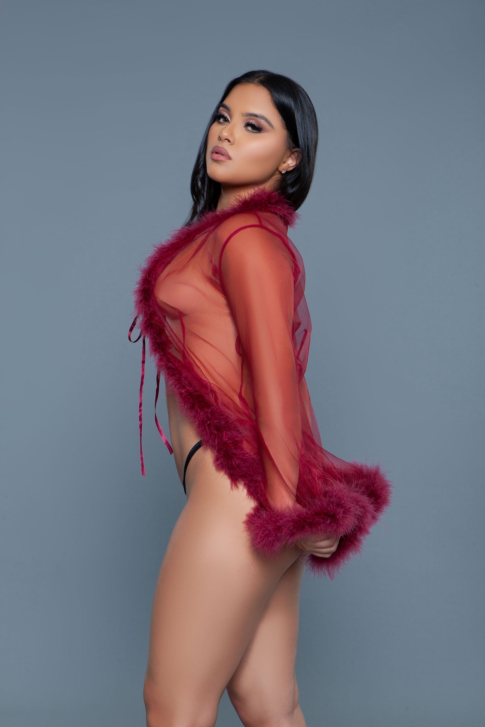 Bou Short Chiffon Robe with Faux Fur Trim