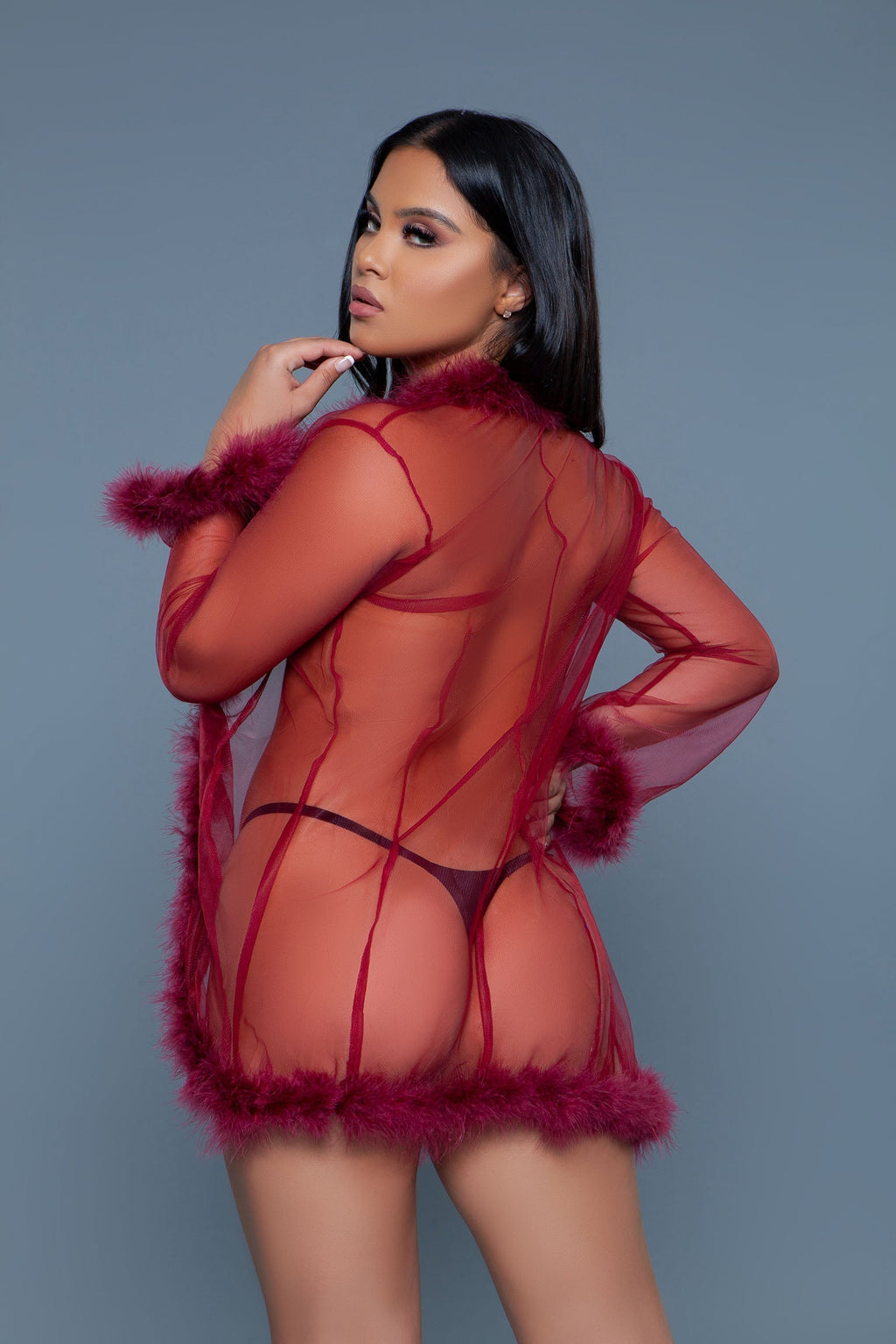 Bou Short Chiffon Robe with Faux Fur Trim