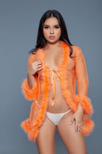 Bou Short Chiffon Robe with Faux Fur Trim