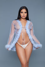 Bou Short Chiffon Robe with Faux Fur Trim