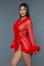 Bou Short Chiffon Robe with Faux Fur Trim