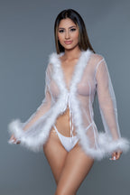 Bou Short Chiffon Robe with Faux Fur Trim