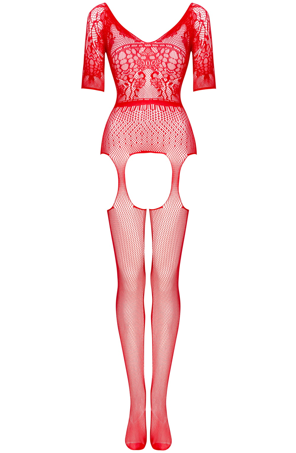 Bodystocking with Lacey Pattern and Fishnet Design (Red)