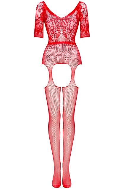 Bodystocking with Lacey Pattern and Fishnet Design (Red)