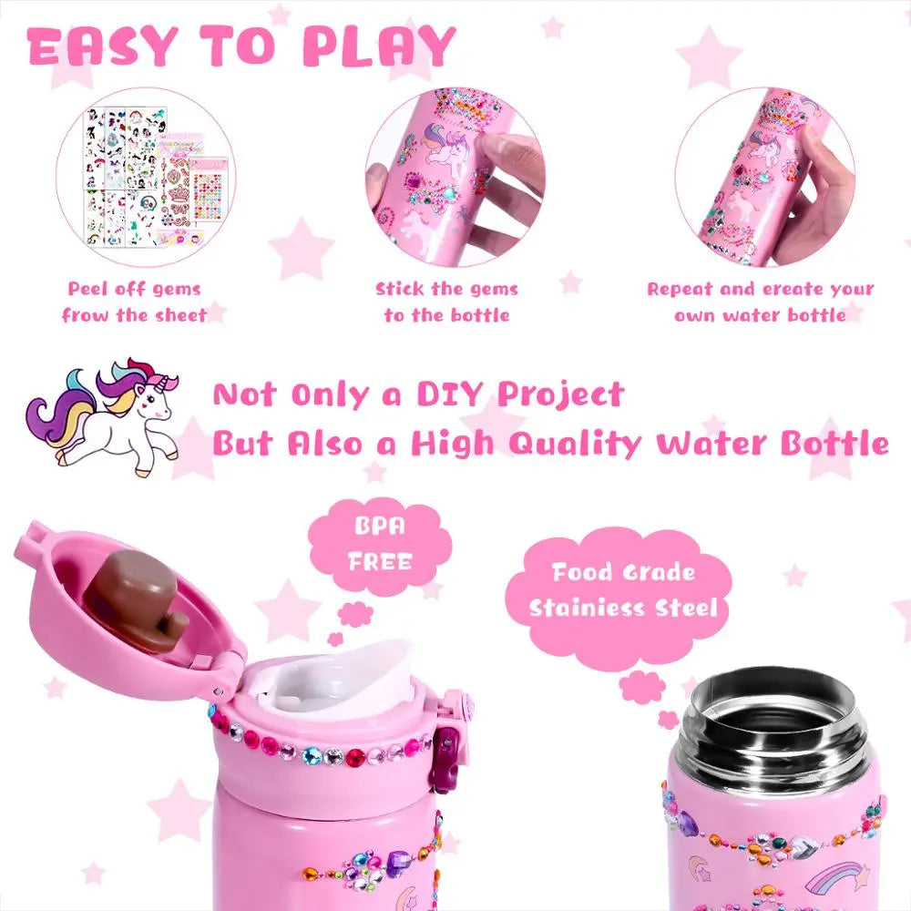 Creative DIY Water Bottle with Glitter Gem Unicorn Stickers Puppy's Aesthetics