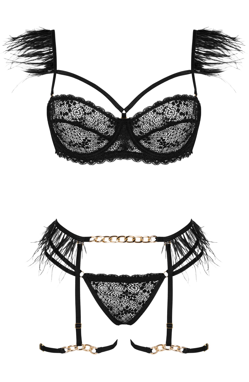Three-Piece Lingerie Set with Feather and Chain Details (Black)