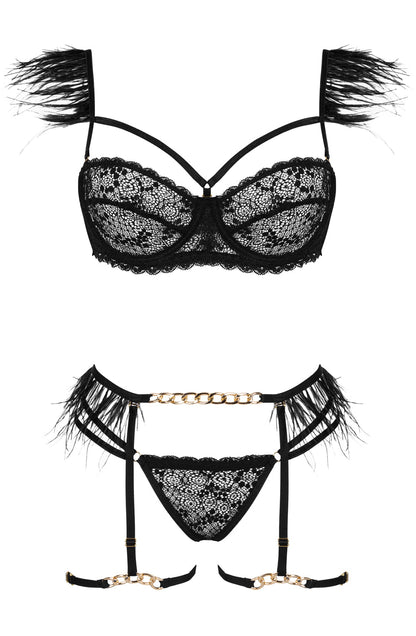 Three-Piece Lingerie Set with Feather and Chain Details (Black)