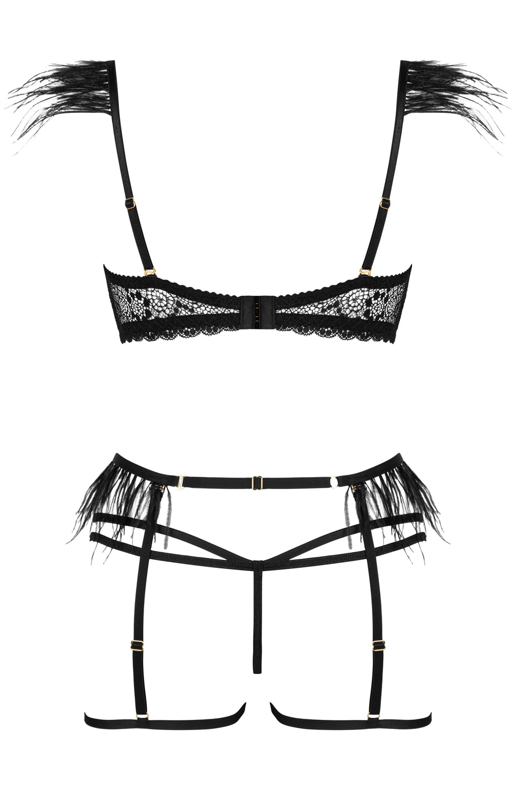Three-Piece Lingerie Set with Feather and Chain Details (Black)