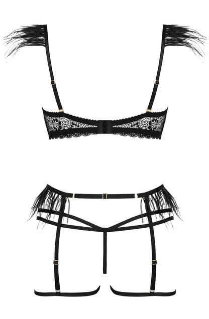 Three-Piece Lingerie Set with Feather and Chain Details (Black)