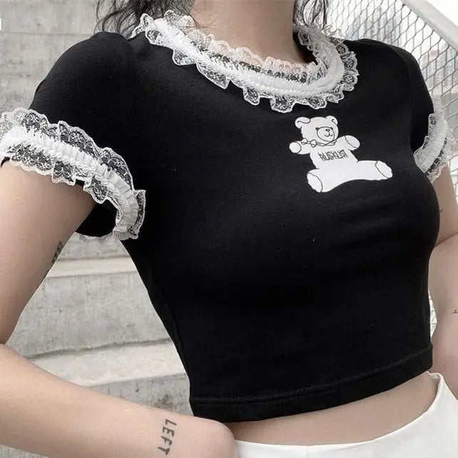 Cute Gothic Lace Bear Crop Top Puppy's Aesthetics