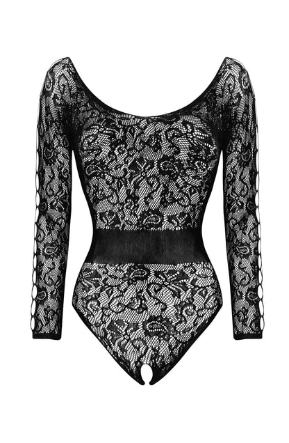 Lacey Crotchless Teddy with Scoop Neck and Cut-Out Sleeves