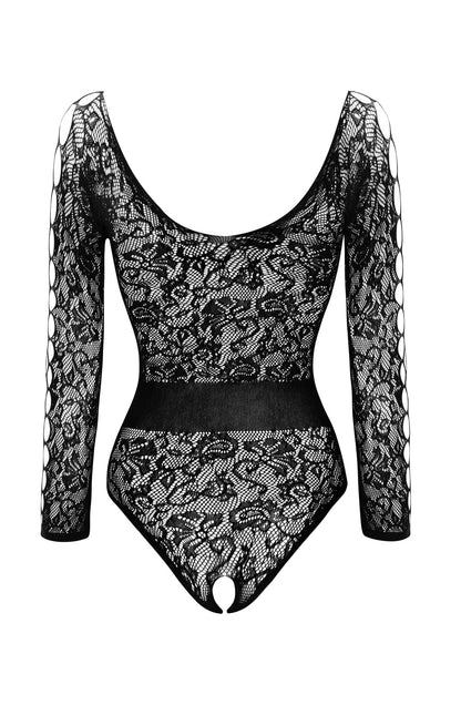 Lacey Crotchless Teddy with Scoop Neck and Cut-Out Sleeves