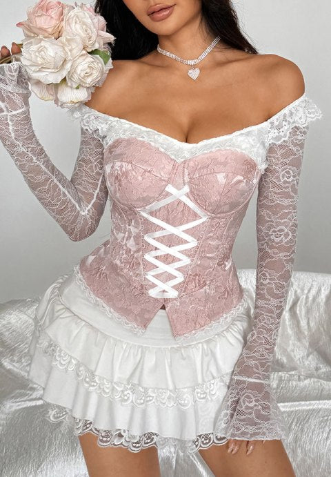 Pink Lace Strapless Corset with White Crisscross Lacing