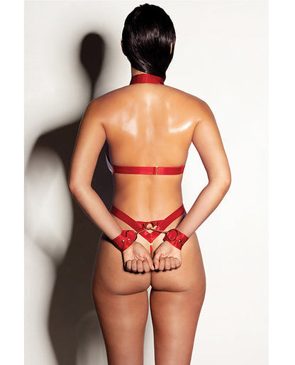 Submissive V-Plunge Vinyl Teddy with Removable Chain Harness and Hand (Red, S/M)