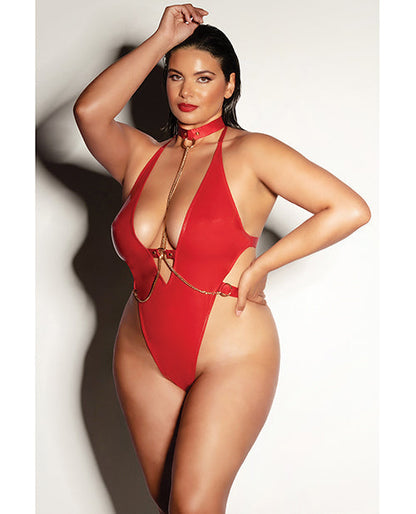 Submissive V-Plunge Vinyl Teddy with Removable Chain Harness and Hand (Red) (1X/2X)