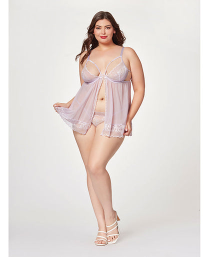 Sheer Mesh Lace Demi Cup Babydoll & Thong (Lavender) (3X/4X)