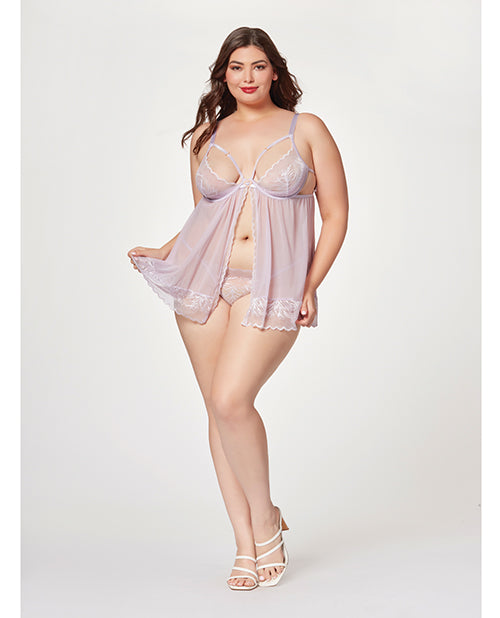 Sheer Mesh Lace Demi Cup Babydoll & Thong (Lavender) (3X/4X)